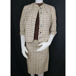 70s Womens Polyester Skirt Suit 10 Brown Check Mod Sweater Set Rockabilly Retro